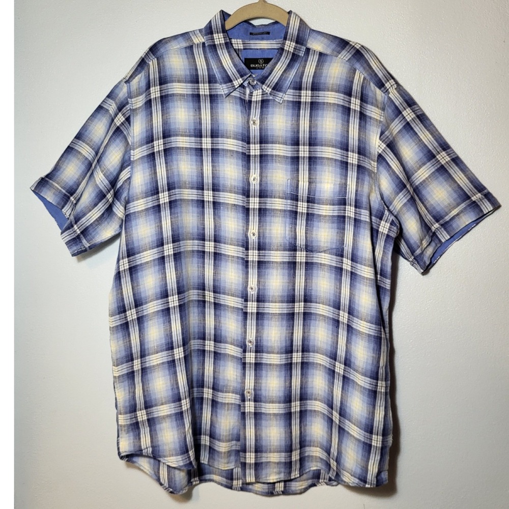 Bugatchi Uomo Mens Linen Classic Fit Short Sleeve Blue Plaid Button Up Shirt XL